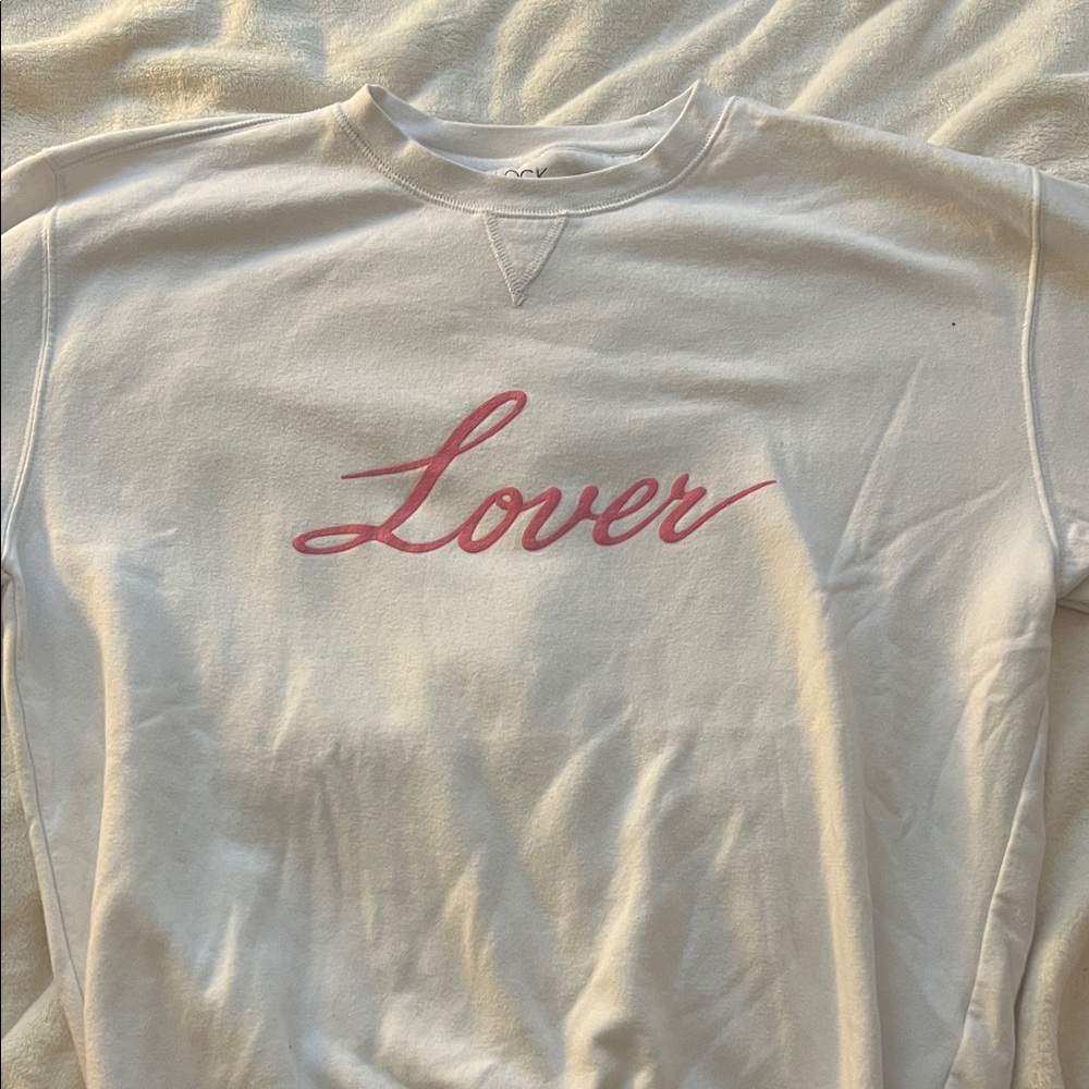 White Crew Neck Sweater with Pink 'Lover' Script